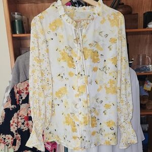 Source Unknown Yellow Floral Peasant Boho Tunic Blouse Top Button Front Tue Neck